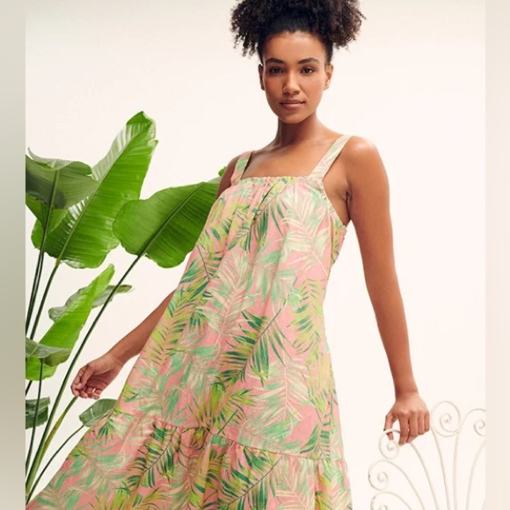Barbour Pink and Green Tropical Leaf Midi dress